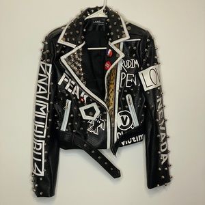 Love Black Leather Jacket with Studs and Patches